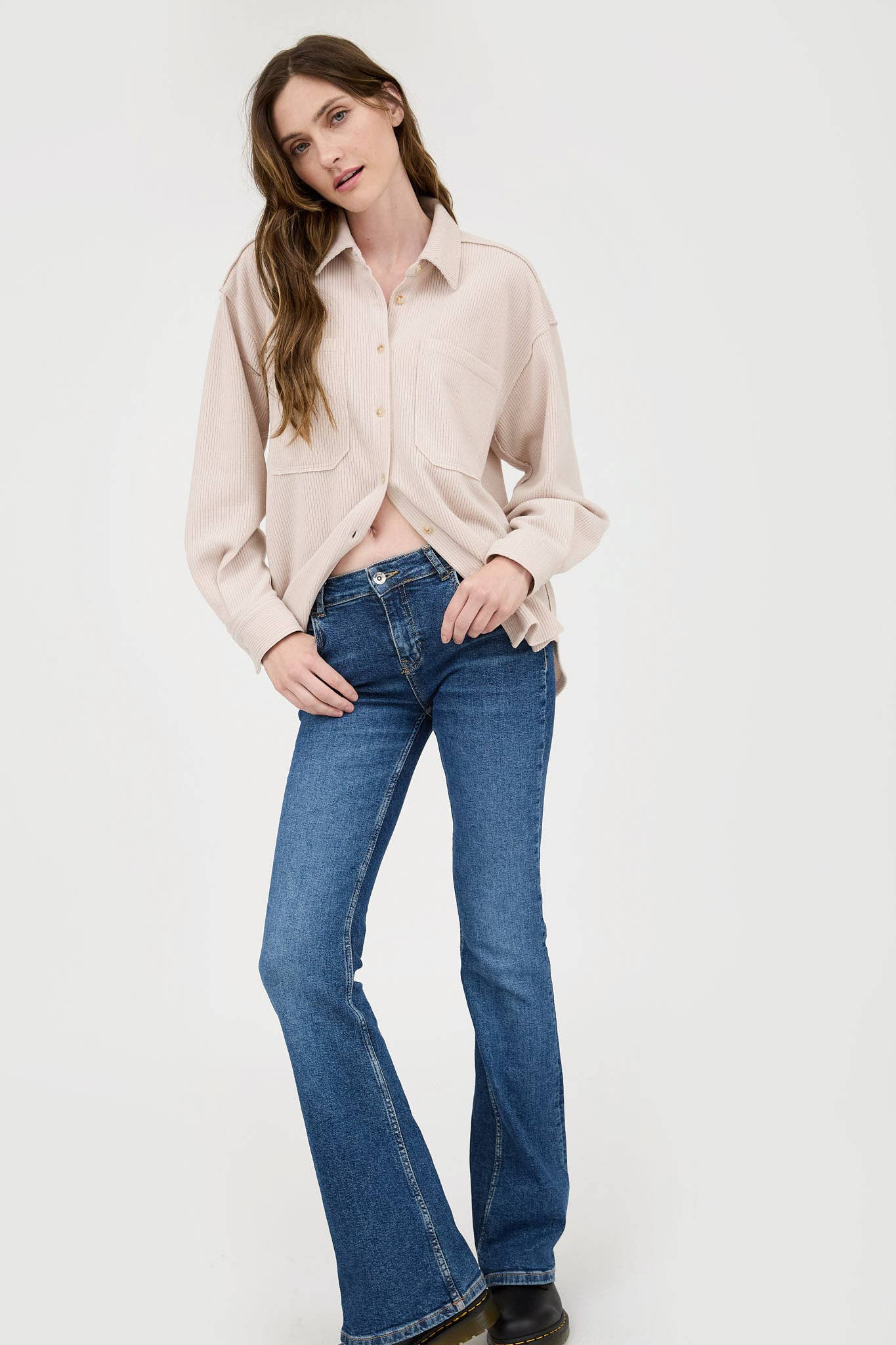 Blu Pepper Rib Knit Exposed Seam Button Up Top