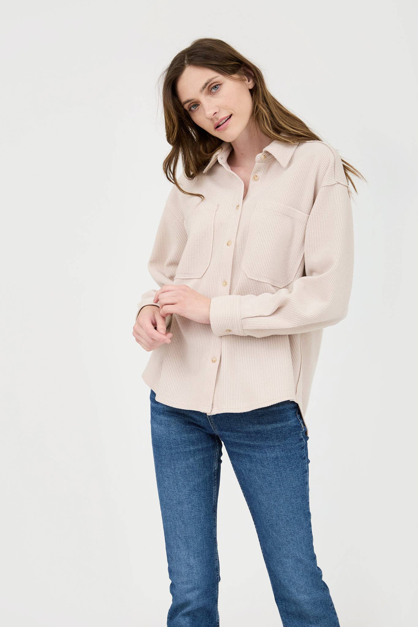 Blu Pepper Rib Knit Exposed Seam Button Up Top